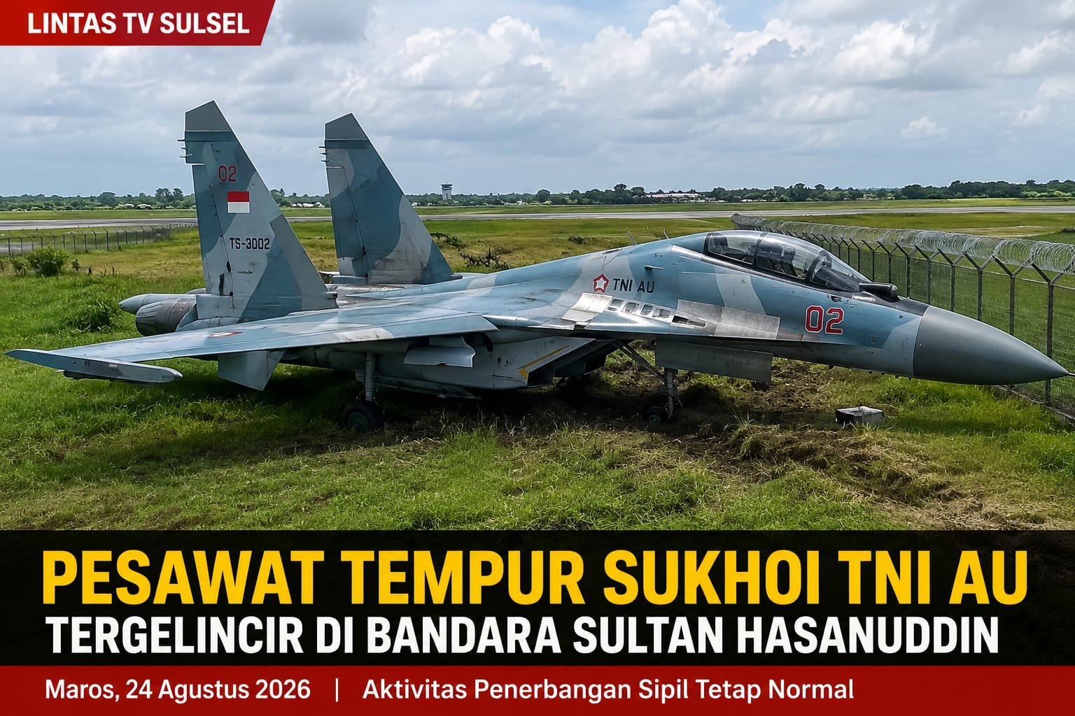 SUKHOI TNI AU TERGELINCIR KELUAR RUNWAY DI BANDARA SULTAN HASANUDDIN